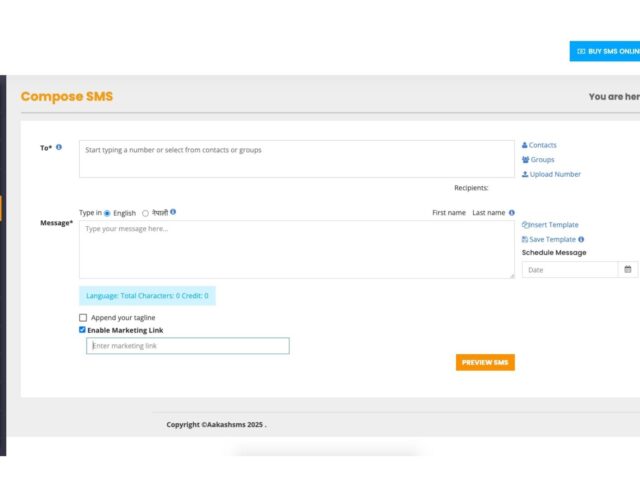 Overview of dashboard of marketing link in bulk sms